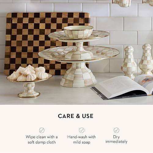 MACKENZIE-CHILDS Enamel Pedestal Platter, Round Cake Stand, Mini, Brown-and-White Mocha Check thumbnail 5