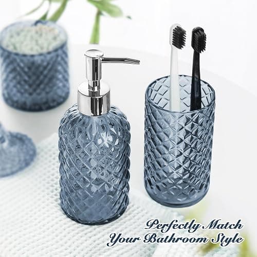 RYTOXILO Blue Bathroom Accessories Set, 4 Pack Light Blue Bathroom Decor Accessory Sets Complete, Diamond Glass Soap Dispenser and Toothbrush Holder Set for Bath Counter Organizer Essentials thumbnail 2