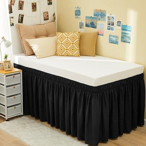 RIMELA Black Bed Skirt Twin 32 Inch Drop Silky Luxurious Fabric, Wrinkle and Fade Resistant with Adjustable Elastic Belt Easy to Install Machine Washable Dust Ruffles Bedskirt for Matress Box Spring - Image 1