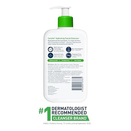 CeraVe Hydrating Facial Cleanser, Moisturizing Face Wash For Dry Skin, Hyaluronic Acid + Ceramides + Glycerin, Hydrating Cleanser For Normal To Dry Skin, National Eczema Association Certified thumbnail 7