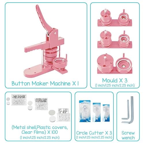 Pin Maker, Button Maker Machine, Pin Maker Machine Kit Includes 300Pcs Pins 25/32/58mm (1/1.25/2.25 inch), 3 Circle Paper Cutters, DIY Button Pin Maker, Button Badge Press Machine(Pink) thumbnail 3
