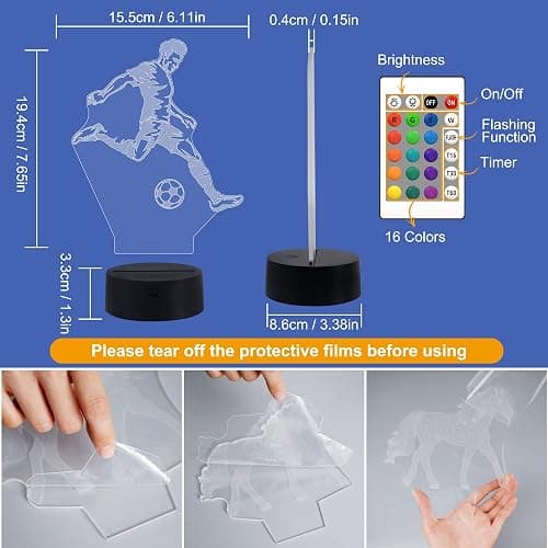 FULLOSUN Soccer Night Light, 3D Optical Illusion Lamp for Soccer Fan, Idea Birthday Xmas Gifts for Sport Fan Boys Girls with Remote Control 16 Color Change + Dim Function + 4 Flash Mode thumbnail 9