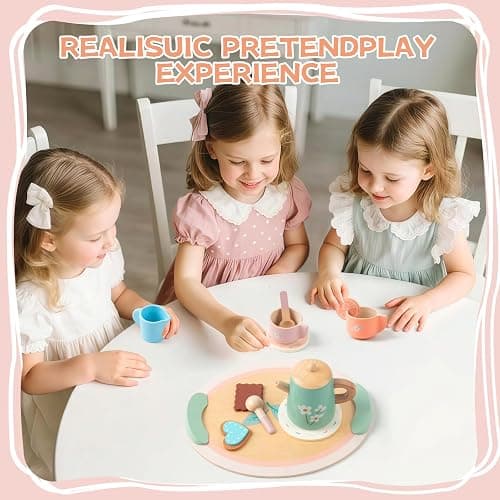 KDSFT Tea Party Set for Little Girls, Wooden Kids Tea Set with Teapot Cups Coasters Carrying Dessert, Picnic Outdoor Toys Pretend Play Kitchen Accessories for 3 4 5 Years Old thumbnail 7