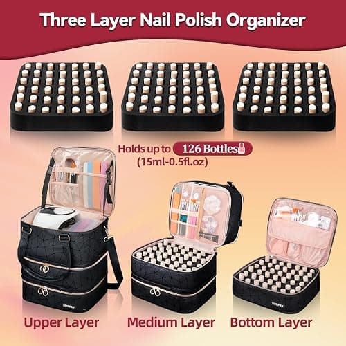 SIYNPAV Nail Polish Organizer Bag Holds 126 Bottles (15ml/0.5fl.oz)& Nail Lamp, 3 Layers Detachable Nail Kit Storage Case PU Leather, Large Travel Nail Supplies Shoulder Bag for Manicure Tools (Black) thumbnail 2