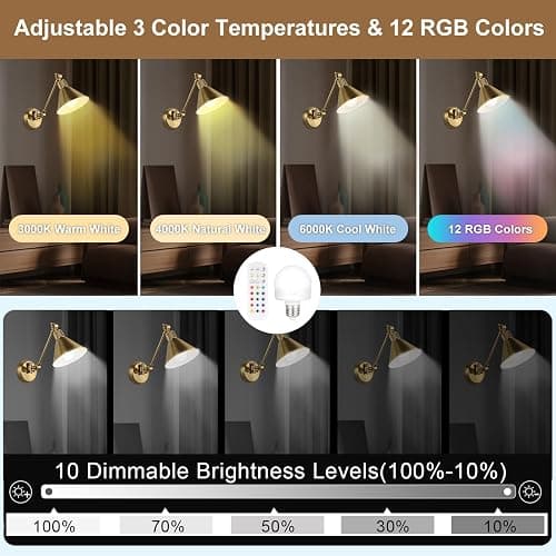 TRLIFE Rechargeable Battery Operated Wall Sconces, Dimmable and Adjustable Color Temperature Wireless Wall Sconces Set of 2 with Remote Control, Gold Swing Arm Wall Light for Bedroom Bedside Hallway thumbnail 2