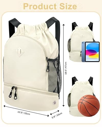 RHDZO Drawstring Backpack Gym Backpack with Shoe Compartment for Men Women String Sports Bag with Wet Pocket Cinch Swim Beach Bag, Beige (Patent Pending) thumbnail 5