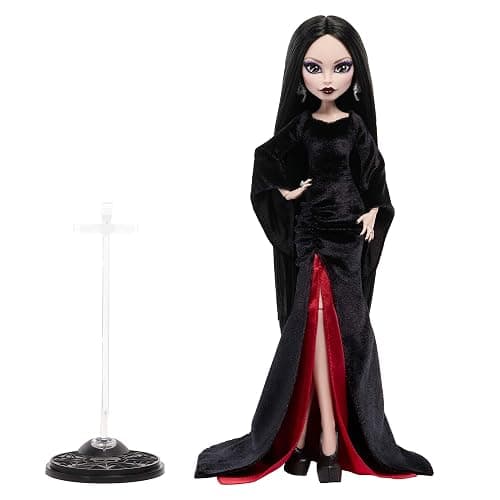 Monster High x Wednesday Doll, Morticia Addams Collectible in Black and Crimson Velvet Dress with Jewelry, Show-Inspired Heels and Doll Stand, JLK99 thumbnail 3