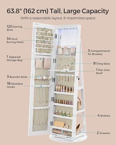 SONGMICS 6 LEDs Lockable Mirror Jewelry Cabinet, 360° Swivel Jewelry Organizer Armoire Standing, Frameless Full-Length Mirror, 3 Storage Shelves, White Surface, Greige Lining UJJC007W02V1 thumbnail 4