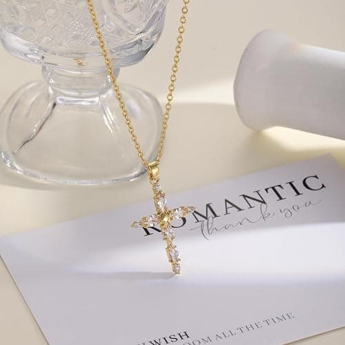 Lyncory Cross Necklace for Women,14K Gold/Silver Plated CZ Cross Charm Choker Pendant Dainty Gold Necklace Round Diamond Faith Religious Trendy Gifts for Women thumbnail 6