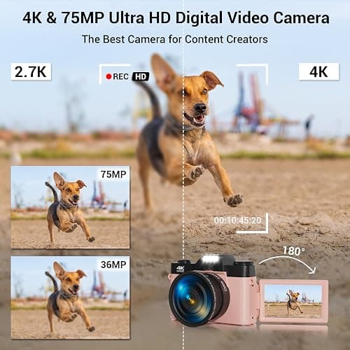 Digital Camera, FHD 4K 75MP WiFi Vlogging Video Camera for YouTube with 3'' 180°Flip Screen, 64GB SD Card, 16x Digital Zoom, 2 Batteries, Point and Shoot Digital Camera for Beginner (Pink) thumbnail 2