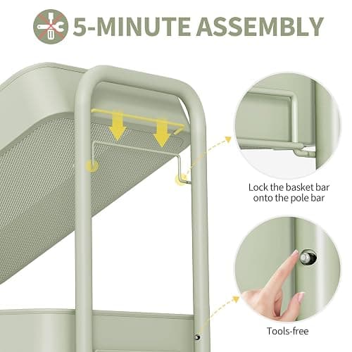 TOOLF 3 Tier Rolling Cart Storage Organizer, Metal Rolling Utility Cart with Wheels, Hooks & Bins Esthetician Craft Art Sturdy Storage with Pegboard for Bathroom, Kitchen, Office, Nursery Diaper thumbnail 5
