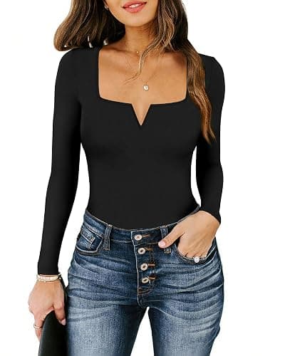 Chunpin Women's Long Sleeve Bodysuit Square Neck Notch V Neck Body Suits Double Lined Going Out Outfits Thong Bodysuits thumbnail 4