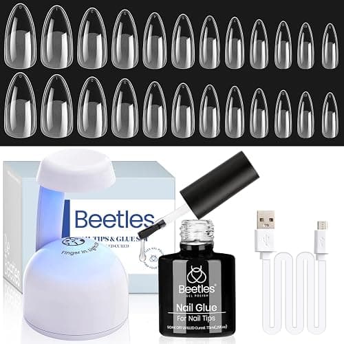 Beetles Gel Nail Kit Etch-X, Almond Medium, 500pcs 12 Sizes | with 9 in 1 Glue Mini Nail Lamp, Pre-Etched Half Matte Easy Extension Set for Home DIY Salon Manicure Art - Image 1
