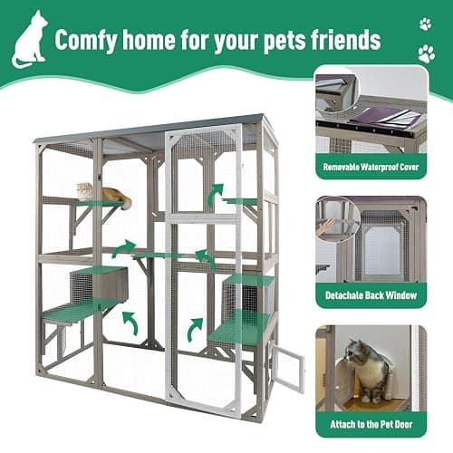 PetsCosset Outdoor Cat Catio Enclosures Large Wooden Cat House Patio for Indoor Cats Feral Cat Shelter with 2 Espace Doors, 2 Resting Rooms, 5 Platforms, Removable Waterproof Cover 67.7" H - 67.7"H Cat Catio thumbnail 4