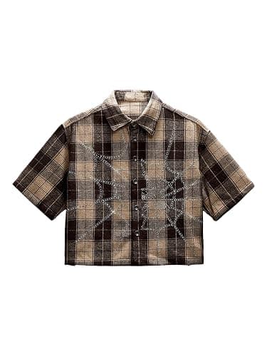 GORGLITTER Men's Gingham Cropped Shirt Button Up Y2K Rhinestone Short Sleeve Boxy Collared Plaid Streetwear Crop Tops - Image 1