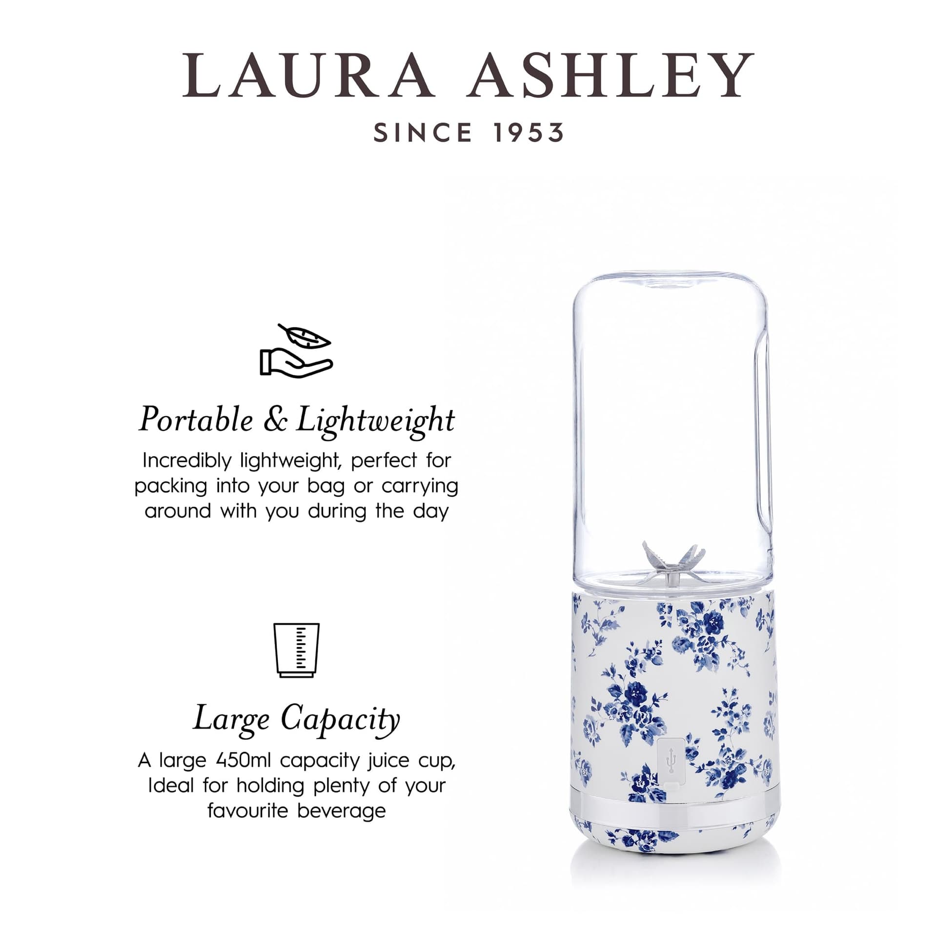 Laura Ashley China Rose Portable Smoothie Blender by VQ. Compact, Powerful & Easy to use USB Rechargeable Mini Blender with 450 mL Bottle. Portable Blender Smoothie Maker for Kitchen/Gym/Travel/Office thumbnail 6