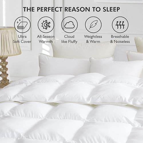 Luxurious White Solid Medium Weight, Palatial King Size Goose Feathers Down Comforter for All-Season Weather, 120 X 98 inches, Premium Baffle Box, 100% Egyptian Cotton Cover, 85 oz. Fill Weight thumbnail 6