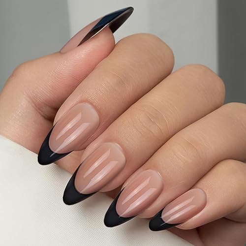 Black French Tip Press On Nails, Short Almond Medium Fake Nails with Nail Glue, Reusable Soft Gel Stick On Nails for Women Girls Gift, 30PC Elegant Glue On Nails Kit thumbnail 2