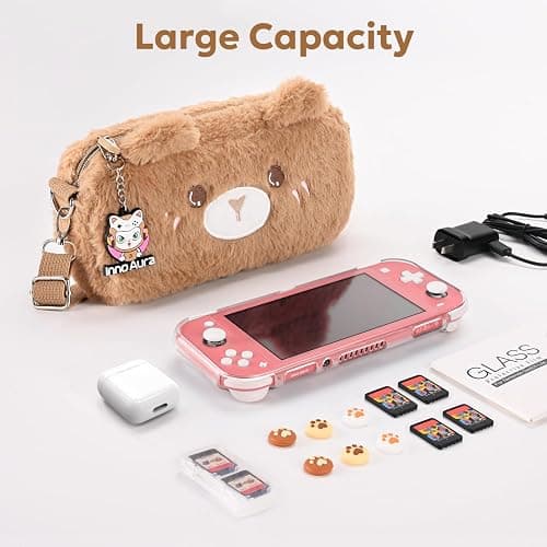 innoAura Switch Lite Case, 14-in-1 Accessories Bundle with Cute Carrying Case, Screen Protector, Thumb Caps (Brown Bear) thumbnail 2