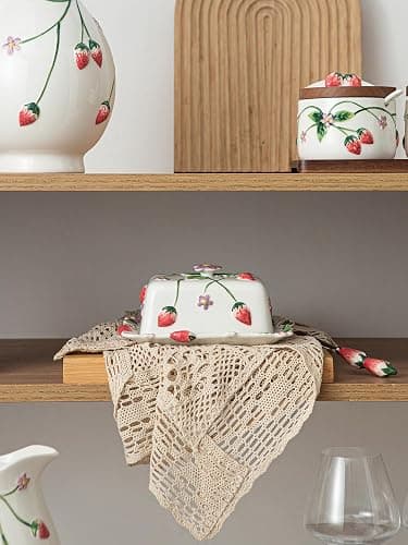 Ceramoira Cottage Strawberry Butter Dish w/ Lid & Knife, Artisanal Handmade | Large Butter Holder for Countertop, Ceramic Covered Butter Tray w/ Spreader, Fits 2 Sticks, Embossed Country Farmhouse Decor thumbnail 5