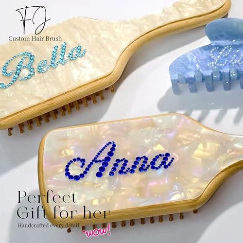 Personalized Rhinestone Hair Brush with Name - Custom Bling Hairbrush for Women & Girls, Handmade Marble Bamboo Wood Brush for Scalp Massage, Detangling, Gifts(Shell White) thumbnail 7