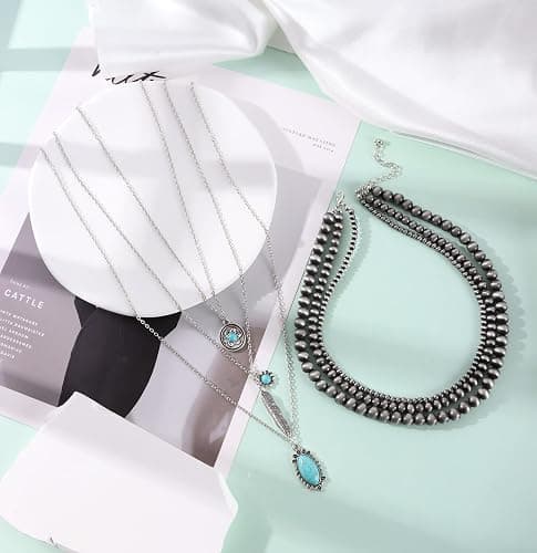 WAINIS 6PCS Western Necklaces for Women Layered Navajo Pearl Necklace Turquoise Cow Lightning Horseshoe Pendant Necklace Cowgirl Boho Set thumbnail 7