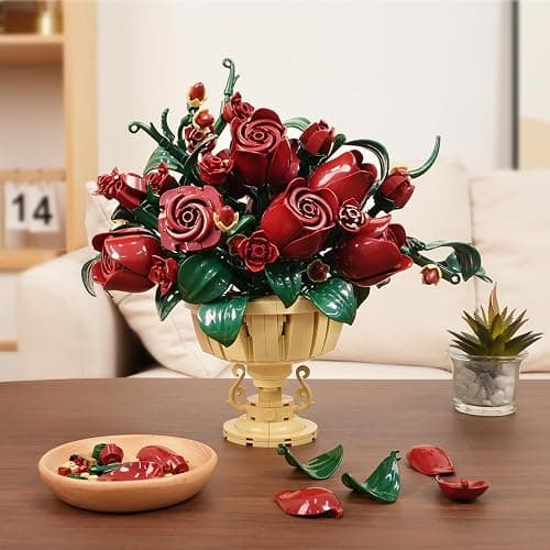 PLAXSOON Rose Flower Building Set, 969 PCS Botanicals Flowers Bouquet Building Block Kit with Pot, Artificial Bonsai Plant Collection Office Home Decor, Birthday Gift for Adults Women Boys Girls 12+ thumbnail 7
