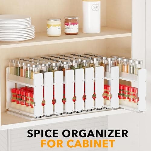 SpaceAid Bamboo Pull Out Spice Rack Organizer for Cabinet, Heavy Duty Slide Out Seasoning Kitchen Pantry Sliding Vertical Organization, 7.6" Wide, 3 Drawers(2" Wide), 2-Tier, White thumbnail 6