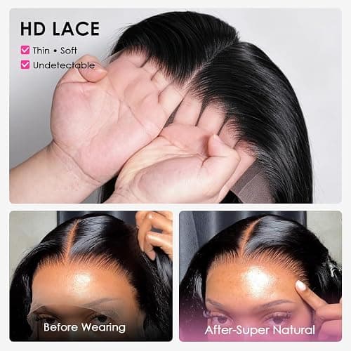 Pizazz 13x6 HD Lace Front Wigs Human hair Pre Plucked 180 Density Brazilian Body Wave Frontal Wigs Human Hair with Baby Hair Natural Hairline Natural Black Color 18 Inch thumbnail 3