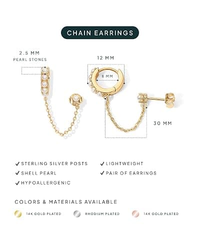 PAVOI 14K Gold Chain Earrings for Women | Double Piercing Dangle Chain Huggie Hoop Earrings | Cubic Zirconia Pearl Stud Ear Cuff Earrings for Women thumbnail 3