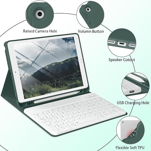 BQDIYOO Keyboard Case for iPad 9th/8th/7th Generation(2021/2020/2019), 10.2 inch iPad 9/8/7 Case with Keyboard, Auto Wake Sleep Cover with Pencil Holder, Dark Green thumbnail 7