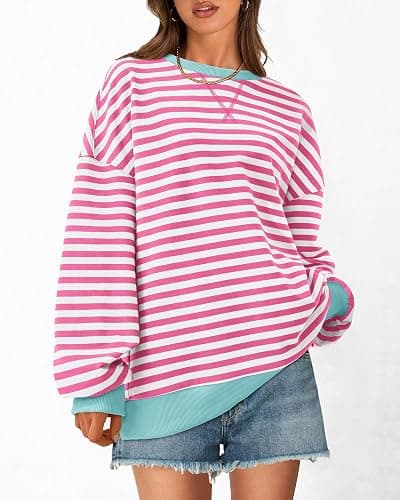 BTFBM Oversized Sweatshirt For Women 2026 Fall | Striped Long Sleeve Shirt, Crewneck Sweatshirts, Casual Loose Pullover, Workout Tops, Y2K Clothes, Sport, Vacation Outfits thumbnail 3