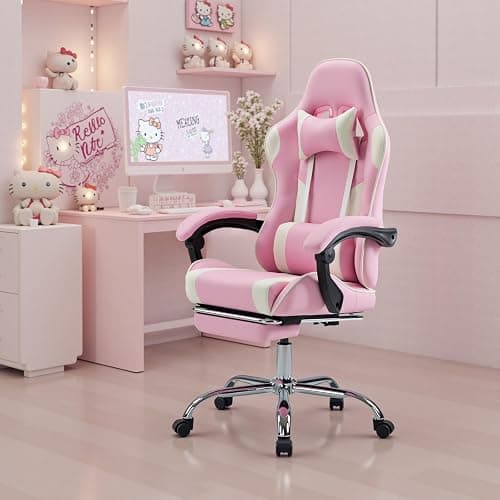 DUMOS Ergonomic Gaming Office Desk Chair with Footrest and Headrest for Adults, PU Leather Video Computer Chair with Linkage Armrests, Height Adjustable 360° Swivel Recling Chair, White Pink thumbnail 2