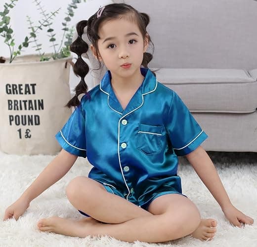 OEIU Girls Boys Silky Satin Pajamas Set 3 Pcs for Kid Children Silk pjs Set Sleepwear Button-up Nightwear thumbnail 4