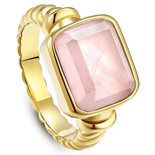 Phyonio Women's 14K Gold Plated Statement Rings Emerald Cut Teal Turquoise/Rose Quartz Crystal/Spiny Oyster Turquoise Signet Ring Stainless Steel Chunky Gold Rings Size 5-10 - Image 1