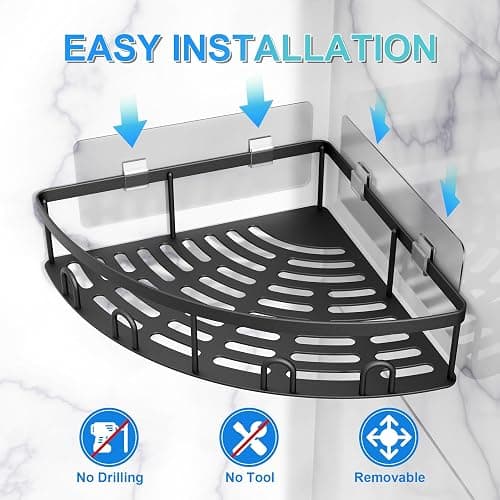 Kerisgo Corner Shower Caddy, 2 Pack Adhesive Bathroom Shower Corner Organizer Shelf, No Drilling Rustproof Wall Mounted Shower Storage Rack Shampoo Holder Organizer (Black) thumbnail 5