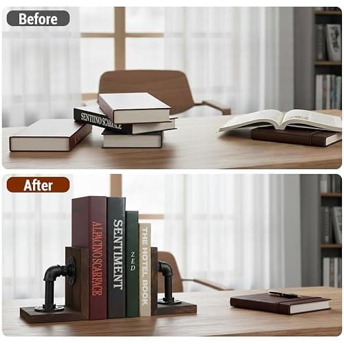 MyGift Book Ends Decorative, Bookends for Shelves, Metal Bookends for Heavy Books, Office Decor for Men, Wood Book Stopper, Realistic Industrial Pipe Design, Dark Brown thumbnail 5