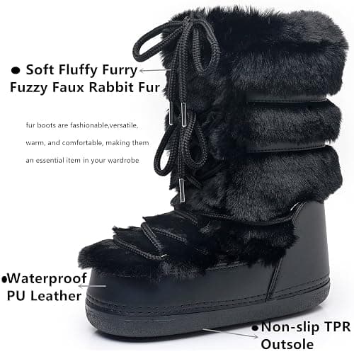 ZHENAIYISHENG Furry Faux Fur Boots for Women - Fuzzy Winter Snow Boots - Fluffy Black White Pink Fur Boots - Lace-up Mid-Calf Water-Resistant Platform Boots thumbnail 4