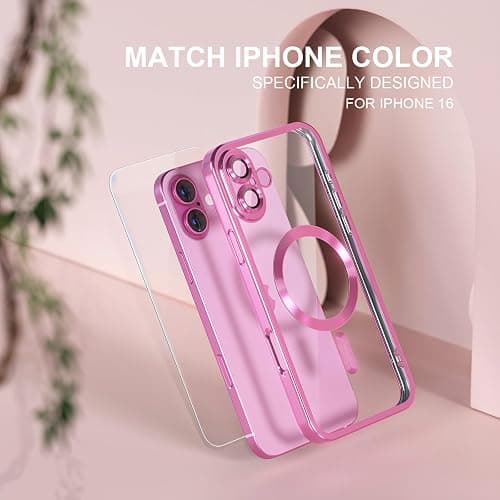 Misea Magnetic for iPhone 16 Case Compatible with MagSafe [Never Yellowing] [Military Grade Drop Protection] Full Camera Lens Protector Plating Soft Clear Phone Case for Women 6.1 inch, Hot Pink thumbnail 7
