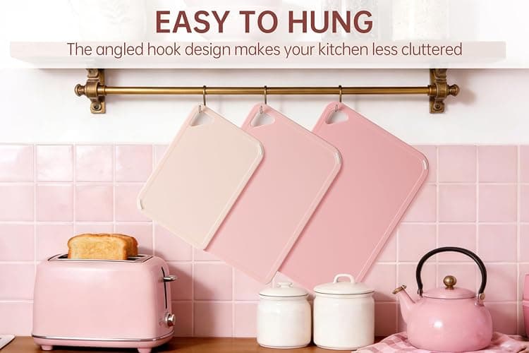 THETCHRY Plastic Cutting Board Set, Pink Cutting Board with Non-slip, Cutting Board for Kitchen Set of 3, Dishwasher Safe, BPA Free, Reversible, with Grip Handle, Pink thumbnail 7