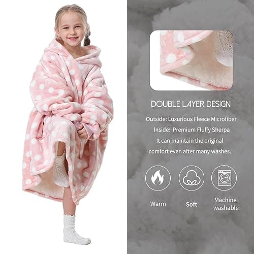 Aemicion Pink Polka Dot Wearable Blanket Hoodie for Girls 6-12, Kids Oversized Hooded Blanket with Sleeves, Soft Fleece & Sherpa Lounge Wear, Cute Birthday Christmas Gifts for Girls thumbnail 6