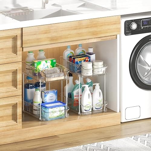 Delamu Bathroom Under Sink Organizers and Storage, 2 Pack, Clear | 2-Tier Multi-Purpose, Stackable, Pull Out Cabinet Kitchen Pantry Organization and Storage with Dividers thumbnail 7
