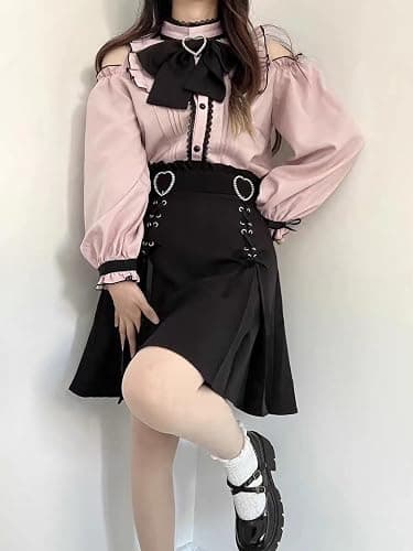 Pokn Lolita Fashion Jirai Kei Fashion für Damen, Cutecore-Schultershirt, Damen, Lolita, Spitze, Netzstoff, durchscheinend, langärmelig thumbnail 3