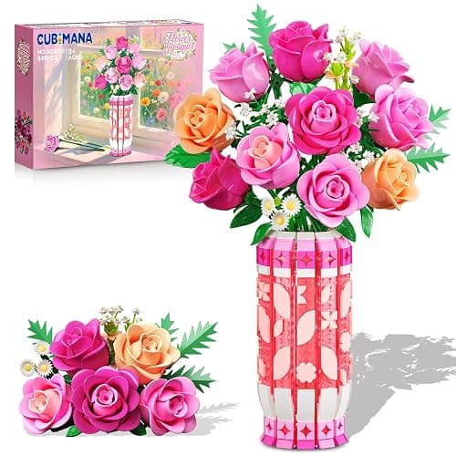 CUBIMANA Romantic Pink Roses Bouquet Building Set with Vase & LED Light, 845PCS Flowers Botanical 3.6MM Mini Building Blocks Toys, Gifts for for Her, Artificial Flowers for Office Home Decor & Display - Image 1