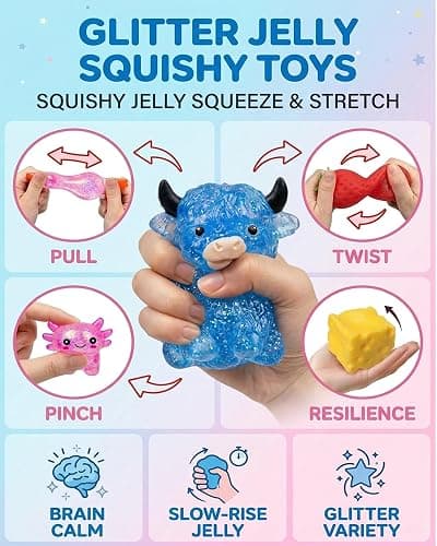 BEVLWPD 9 Pack Squishy Toys Squeeze Slow Rising Fidget Toy Sugar Filled Stress Ball Glitter Color Changing Cute Food-Shaped Highland Cow Cheese Strawberry Sugar Cube Duck Bear Crunchy thumbnail 3