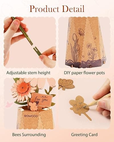Wowood 3D Flower Wooden Puzzles for Adults-Gerbera Daisy, DIY Wooden Flowers Model Kit Building Set Crafts for Adults to Build, Botanical Collection/Ideal Creative Gift Ideas/Housewarming (105PCS) thumbnail 4