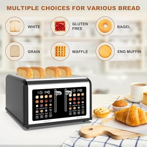 4 Slice Toaster Touch Screen, Stainless Steel Toasters Digital Timer, Dual Control Panel Toasters, 8 Shade Settings 6 Bread Types for Bagel, Cancel, Defrost 1650W Black thumbnail 4