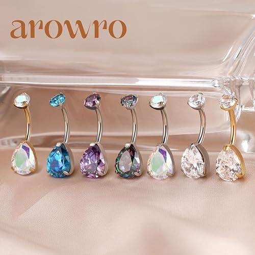 AROWRO Gold Belly Button Ring G23 Titanium Hypoallergenic 14G belly ring for Women Men Teardrop Navel Piercing Jewelry 10mm Barbell With Cubic Zircon thumbnail 5