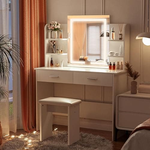 SMOOL Vanity Desk with Lighted Mirror - Makeup Vanity Table with 3 Color Light Options Adjustable Brightness, Vanity with 6 Storage Shelves, 2 Large Drawers, Vanity Set for Girls Women, White thumbnail 6