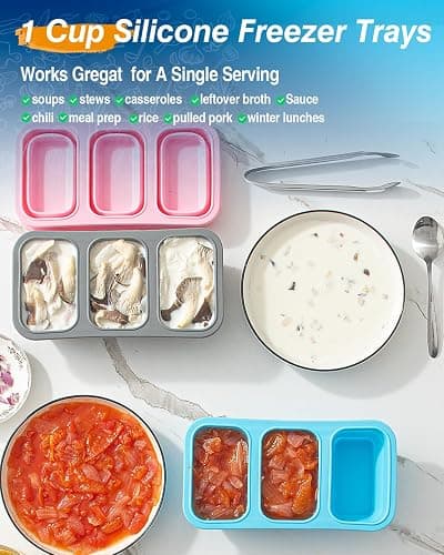 Silicone Freezer Trays With Lid, Stackable 1 Cup Silicone Freezer Molds, Easy To Use Soup Ice Cube Tray, Collapsible Freezing Molds for Meal Prep, Broth, Sauce, Leftovers, Soup Storage Gift Set thumbnail 5
